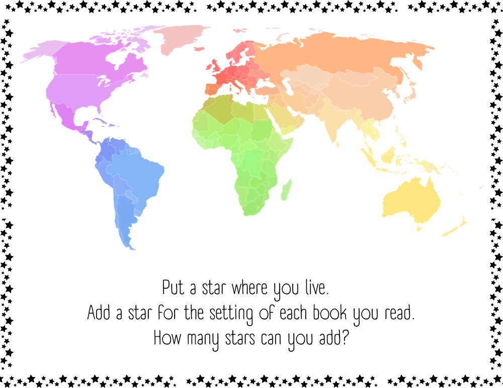 cultural competency map transparent.png A world map in a gradient of colors. Each continent is a different group of colors and each country is a slightly different color. Text on the bottom reads: "Put a star where you live. Add a star for the setting of each book you read. How many stars can you add?"