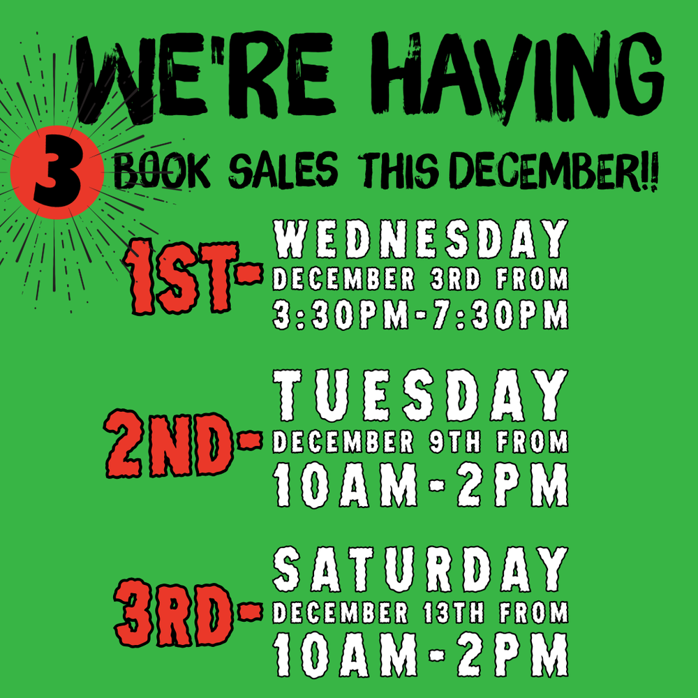 FOSPL Booksale 202512.PNG We're having 3 book sales this December!! 1st: Wednesday, December 3rd, from 3:30 PM to 7:30 PM. 2nd: Tuesday, December 9th, from 10 AM to 2 PM. 3rd: Saturday, December 13th from 10 AM to 2 PM.