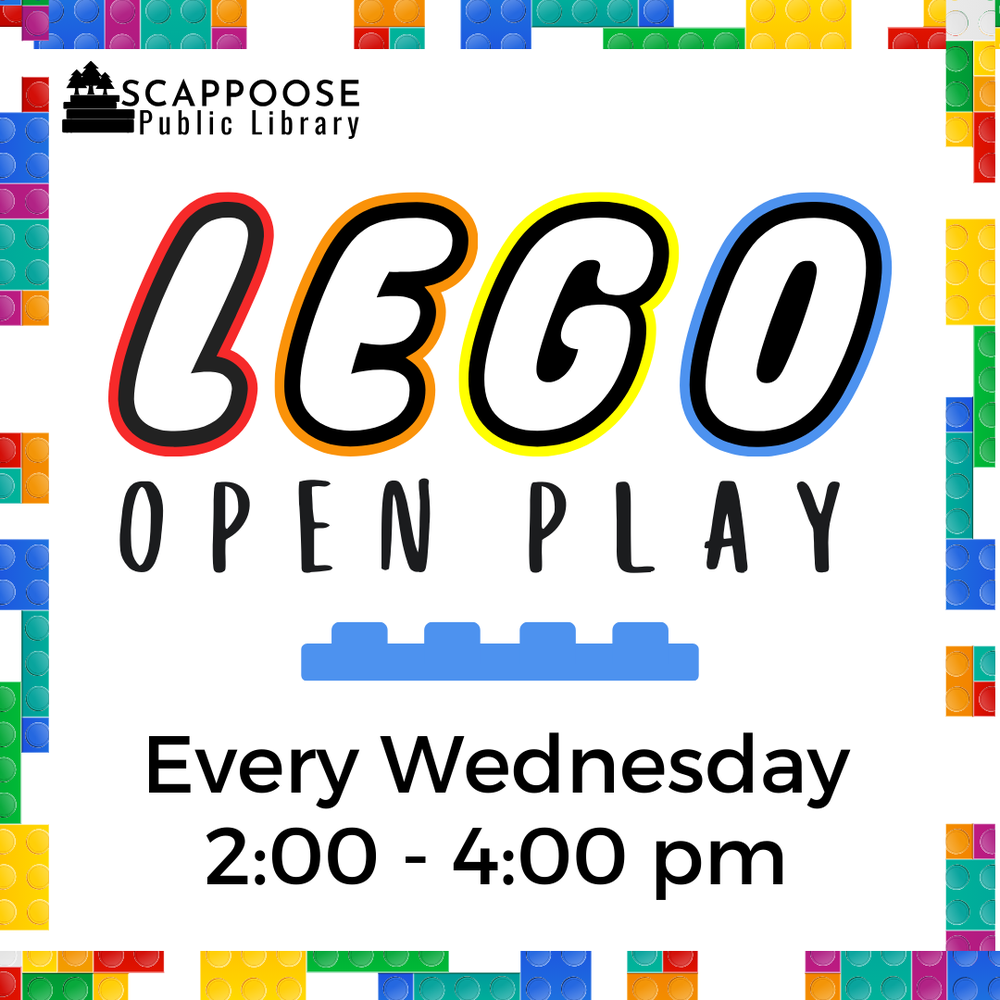 Scappoose Public Library: Lego Open Play. Every Wednesday, 2:00–4:00 PM.