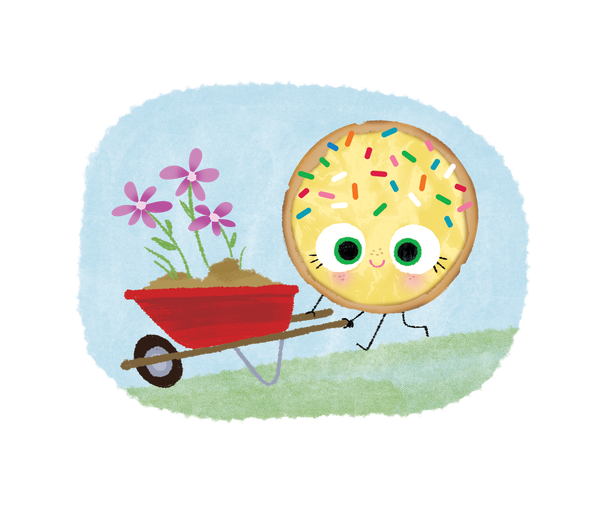 15 Wheelbarrow.png The Smart Cookie is pushing a wheelbarrow filled with dirt and flowers.