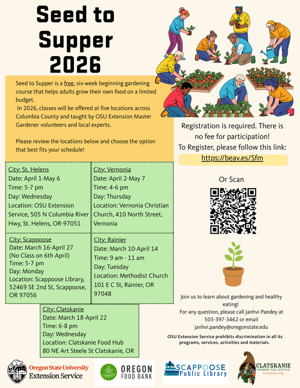 Seed to Supper 2026. Seed to Supper is a free, six-week beginning gardening course that helps adults grow their own food on a limited budget. In 2026, classes will be offered at five locations across Columbia County and taught by OSU Extension Master Gardener volunteers and local experts. Please review the locations below and choose the option that best fits your schedule! City: St. Helens. Date: April 1 –May 6. Time: 5–7 PM. Day: Wednesday. Location: OSU Extension Service, 505 N Columbia River Hwy, St. Helens, OR 97051. City: Vernonia. Date: April 2–May 7. Time: 4–6 PM. Day: Thursday. Location: Vernonia Christian Church, 410 North Street, Vernonia. City: Scappoose. Date: March 16–April 27 (No class on 6th April). Time: 5–7 PM. Day: Monday. Location: Scappoose Library, 52469 SE 2nd St, Scappoose, OR 97056. City: Rainier. Date: March 10–April 14. Time: 9 –11 AM. Day: Tuesday. Location: Methodist Church, 101 E C St, Rainier, OR 97048. City: Clatskanie. Date: March 18–April 22. Time: 6–8 PM. Day: Wednesday. Location: Clatskanie Food Hub, 80 NE Art Steele St, Clatskanie, OR. Registration is required. There is no fee for participation! To register: please follow this link: https://beav.es/Sfm or scan [the pictured QR code]. Join us to learn about gardening and healthy eating! For any question, please call Janhvi Pandey at 503-397-3462 or email janhvi.pandey@oregonstate.edu . OSU Extension Service prohibits discrimination in all its programs, services, activities and materials. Bottom of the flyer features the logos of Oregon State University's Extension Service, the Oregon Food Bank, the Scappoose Public Library, and the Clatskanie Farmer Collective.